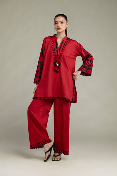 Embroidered | Cambric | Red Cambric Pants | AED 130.00