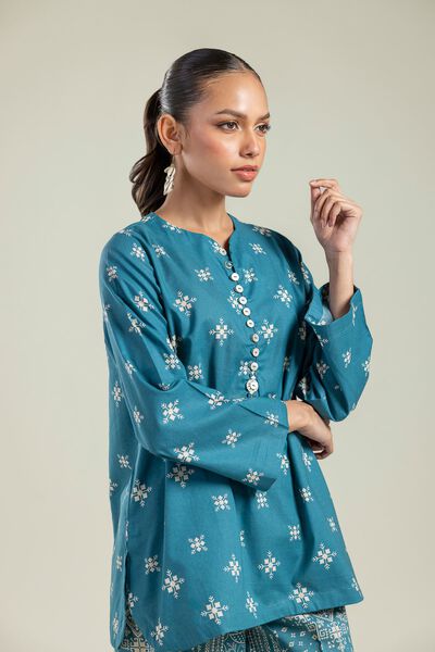 Printed | Cambric | Teal Cambric Kurta | AED 50.00