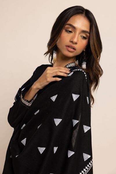 Shawl | Embroidered, BLACK, hi-res