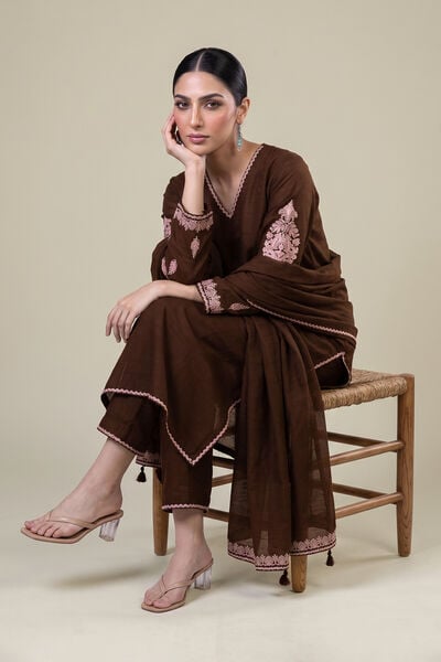 Embroidered | Light Khaddar | Brown V-neck Kurta | AED 200.00
