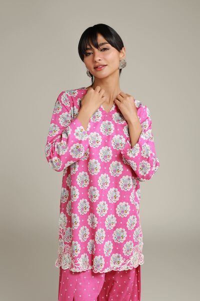 Embroidered | Cotton Dobby | Floral Pink Kurta | AED 100.00