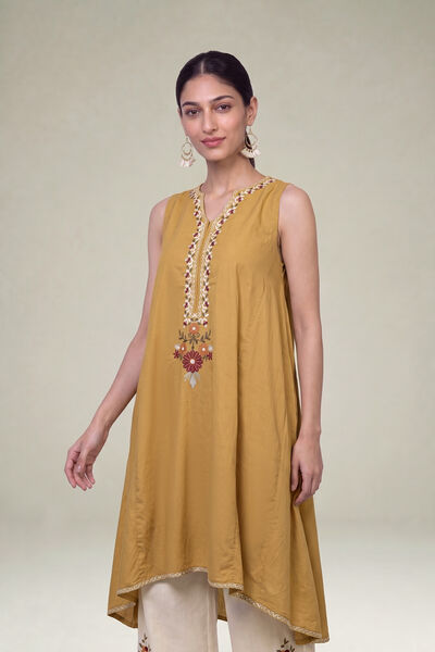Embroidered | Cambric | Mustard Sleeveless Kurta | AED 180.00