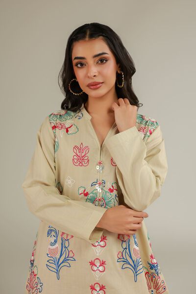 Embroidered | Cotton Dobby | Floral Beige Kurta | AED 130.00
