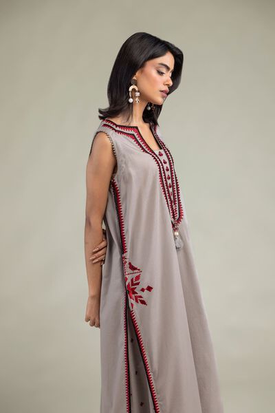 Embroidered | Cotton Dobby | Gray Sleeveless Kurta | AED 200.00