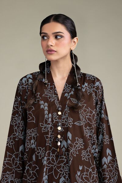 Printed | Cambric | Brown V-Neck Kurta | AED 130.00