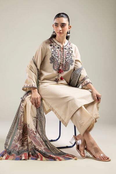 Embroidered | Mesuri | Floral Beige Kurta | AED 130.00