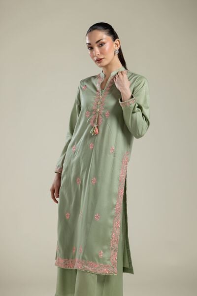 Embroidered | Textured Weave | Long Mint Kurta | AED 150.00