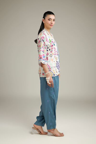 Embroidered | Viscose Crepe | Summer Teal Trousers | AED 65.00