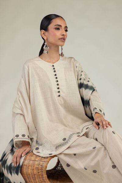 Textured Cotton | Embroidered | Short Round-Neck Kurta | AED 180.00