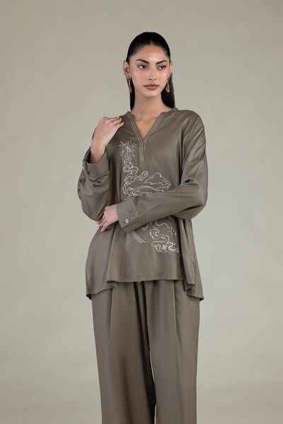 Embroidered | Viscose Crepe | Olive V-Neck Tunic | AED 130.00