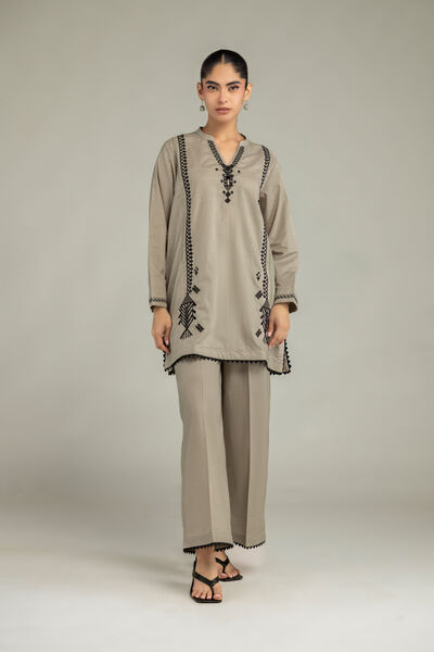Embroidered | Cambric | Beige Solid Pants | AED 130.00