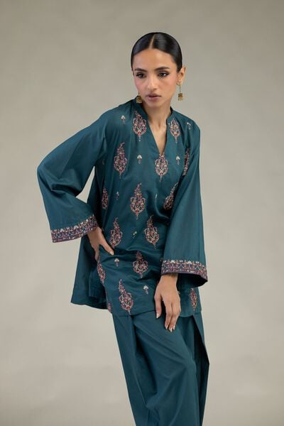 Embroidered | Cambric | Short Teal Kurta | AED 130.00