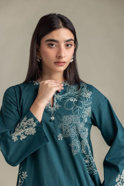 Embroidered | Cambric | Short Teal Kurta | AED 180.00