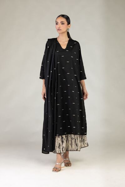 Textured Cotton | Embroidered | Black V-Neck Kurta | AED 180.00