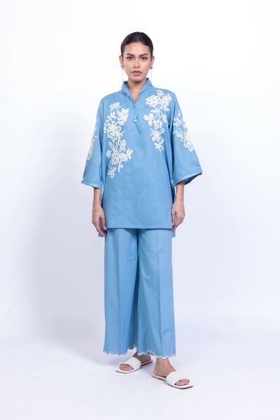 Embroidered | Cotton Dobby | Blue Summer Pants | AED 40.00