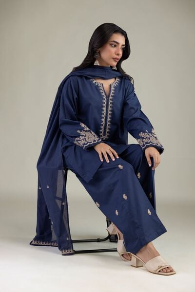 Embroidered | Cambric | Navy V-Neck Kurta | AED 130.00