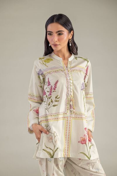 Printed | Cambric | Floral Band-Collar Kurta | AED 150.00