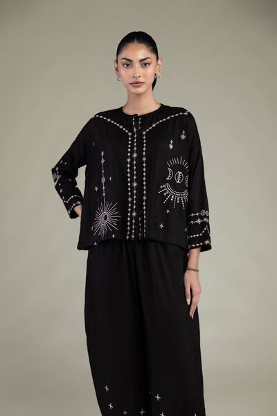 Embroidered | Viscose Crepe | Black Round-Neck Shirt | AED 150.00