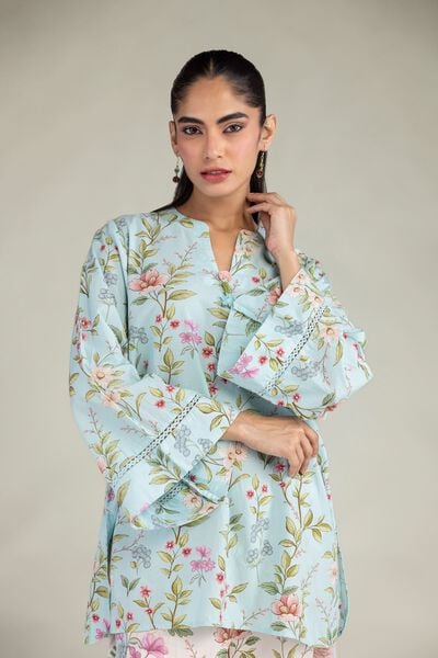 Printed | Cotton Viscose | Blue V-Neck Kurta | AED 130.00