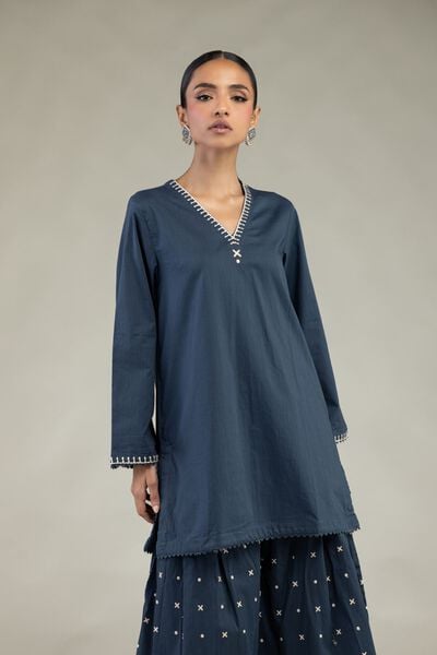 Textured Cotton | Embroidered | Long V-Neck Kurta | AED 130.00
