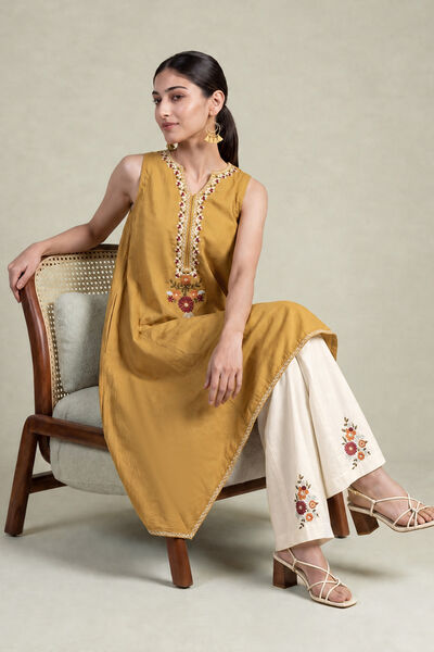 Embroidered | Cambric | Mustard Sleeveless Kurta | AED 180.00