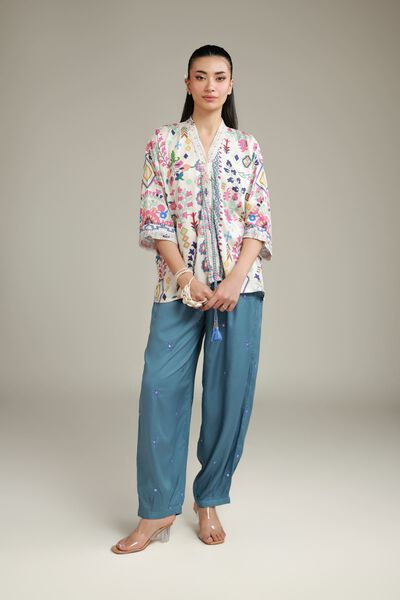 Embroidered | Viscose Crepe | Summer Teal Trousers | AED 65.00