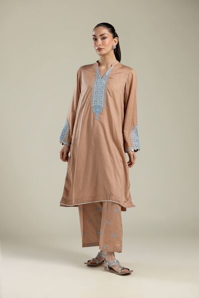 Embroidered | Textured Weave | Floral Brown Pants | AED 100.00