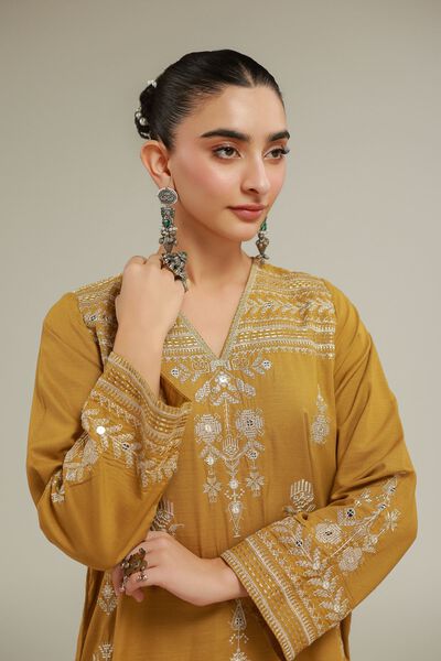Embroidered | Raw Silk | Geometric V-Neck Kurta | AED 100.00