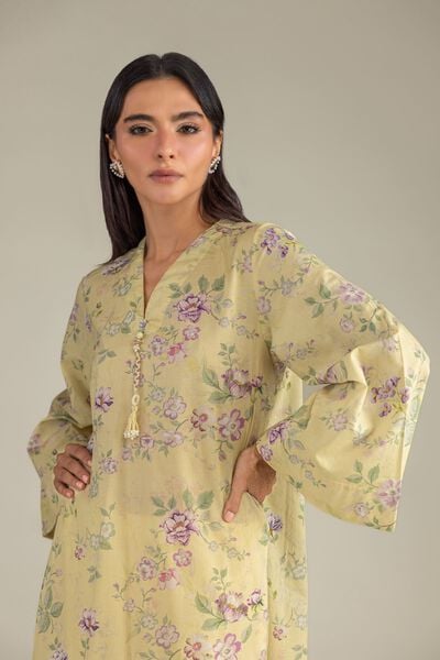 Printed | Cambric | Yellow V-Neck Kurta | AED 150.00