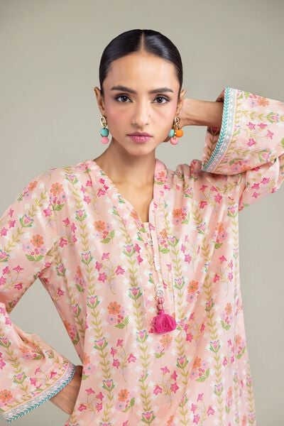 Printed | Cambric | Peach Cambric Kurta | AED 100.00