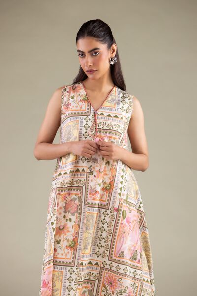 Printed | Cambric | Sleeveless Longline Kurta | AED 130.00