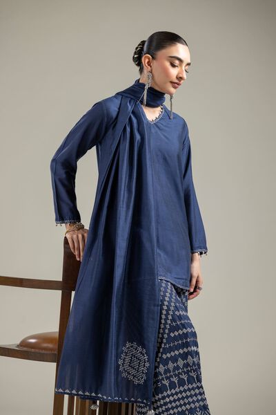 Raw Silk | Navy V-Neck Kurta | AED 90.00