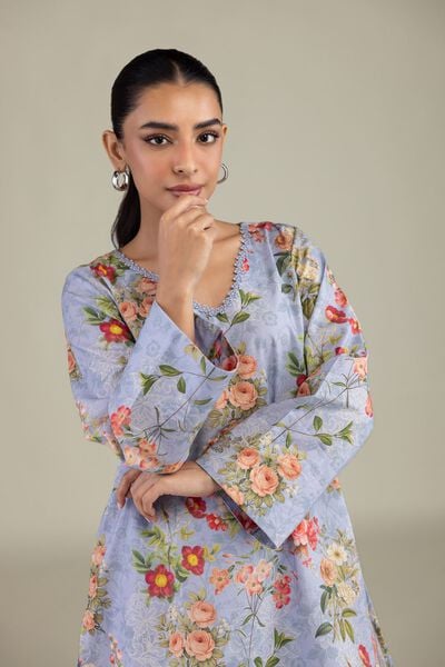 Printed | Cotton Dobby | Blue Floral Kurta | AED 75.00