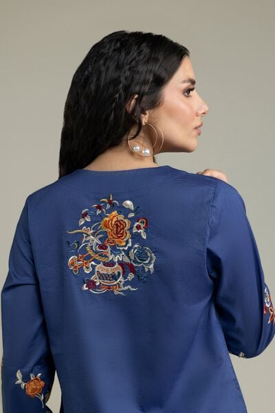 Embroidered | Cambric | Blue V-Neck Kurta | AED 180.00