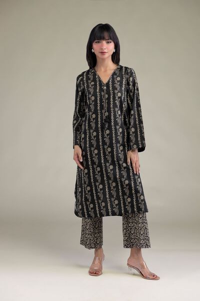Printed | Cambric | Black V-Neck Kurta | AED 100.00