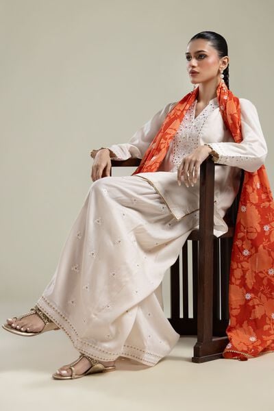 Embroidered | Textured Weave | Orange Floral Dupatta | AED 130.00