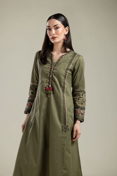 Embroidered |Cotton Dobby | Olive Floral Kurta | AED 150.00