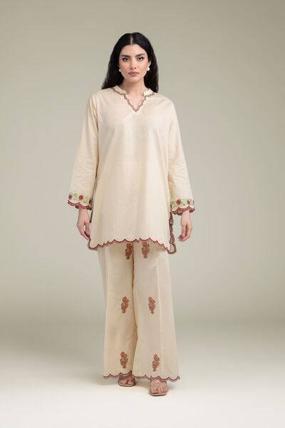 Embroidered | Cotton Dobby | Beige Cotton Pants | AED 180.00