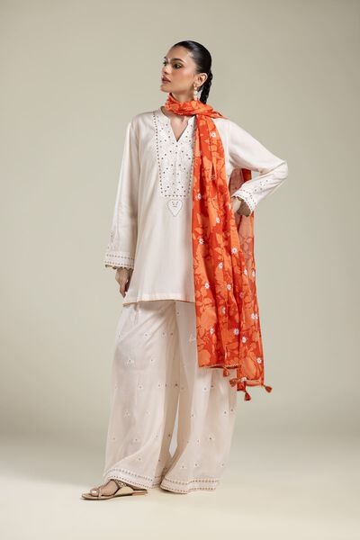 Embroidered | Textured Weave | White Solid Pants | AED 180.00