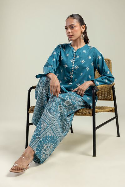 Printed | Cambric | Teal Cambric Kurta | AED 50.00