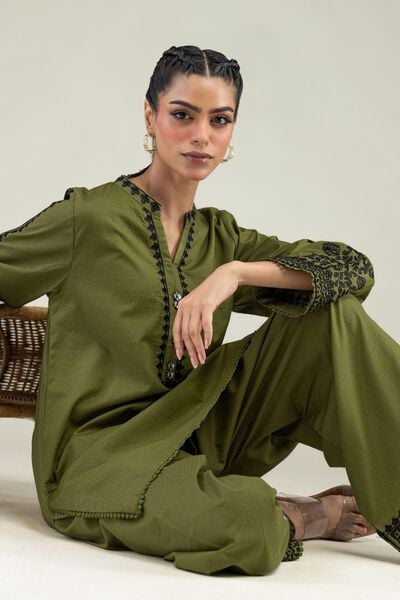 Embroidered | Cotton Dobby | Cotton Olive Kurta | AED 200.00