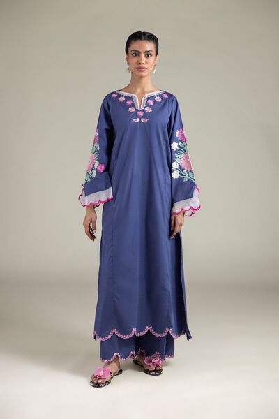 Embroidered | Textured Cotton | Relaxed Scalloped Pants | AED 130.00