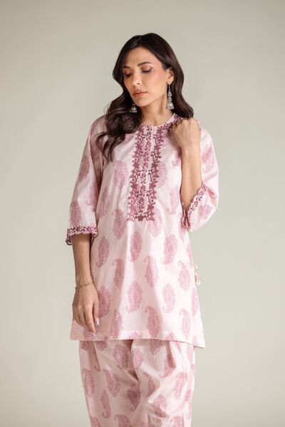 Embroidered | Cambric | Pink Paisley Kurta | AED 130.00