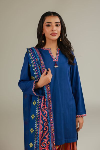 Embroidered | Cotton Dobby | Solid Blue Kurta | AED 130.00
