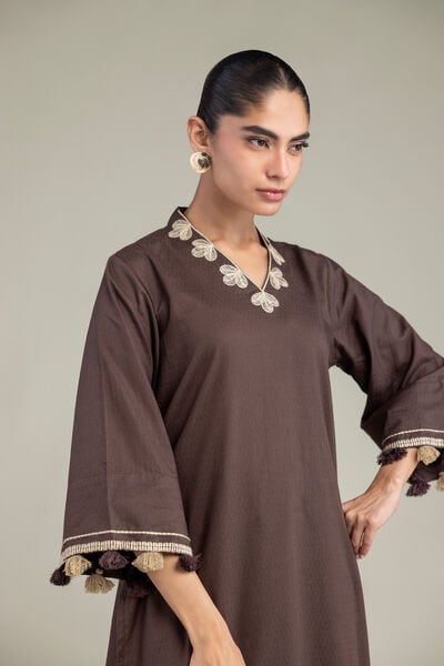 Embroidered | Cotton Dobby | Brown V-Neck Kurta | AED 180.00
