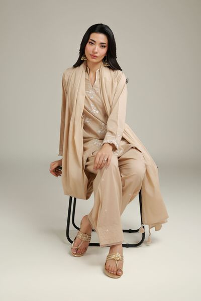 Embroidered | Cambric | Short Beige Kurta | AED 150.00