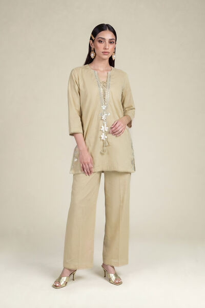Embroidered | Cambric | Beige Solid Pants | AED 130.00