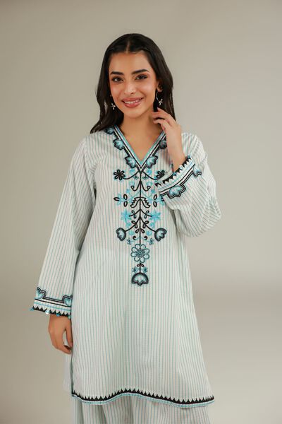 Embroidered | Cotton Dobby | Floral V-Neck Kurta | AED 150.00
