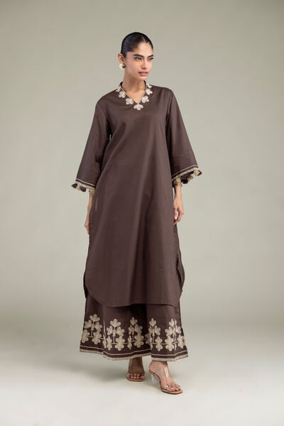 Embroidered | Cotton Dobby | Brown V-Neck Kurta | AED 180.00