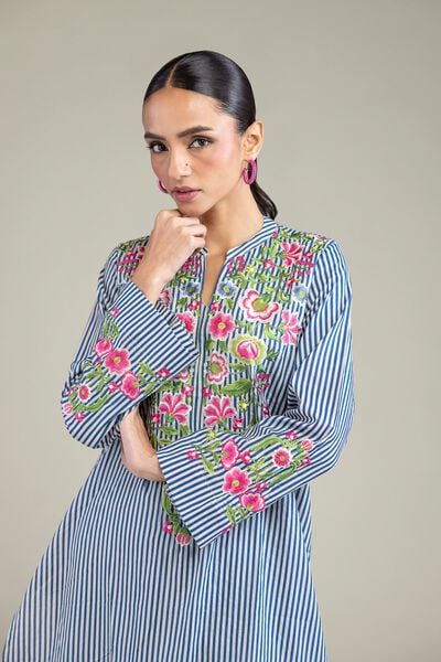 Embroidered | Cambric | Blue Floral Kurta | AED 130.00
